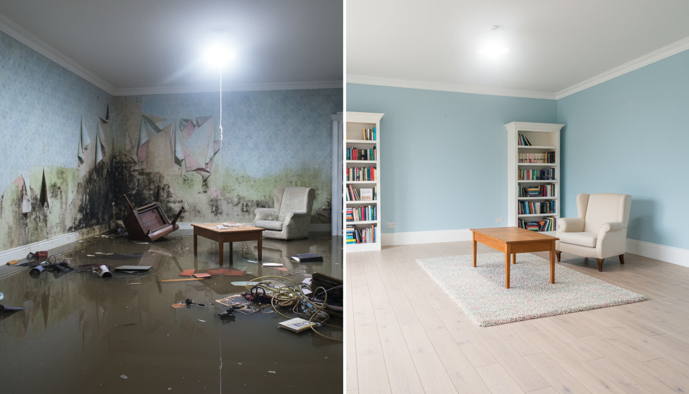 Illustrative before-and-after view of a water-damaged room and a restored room
