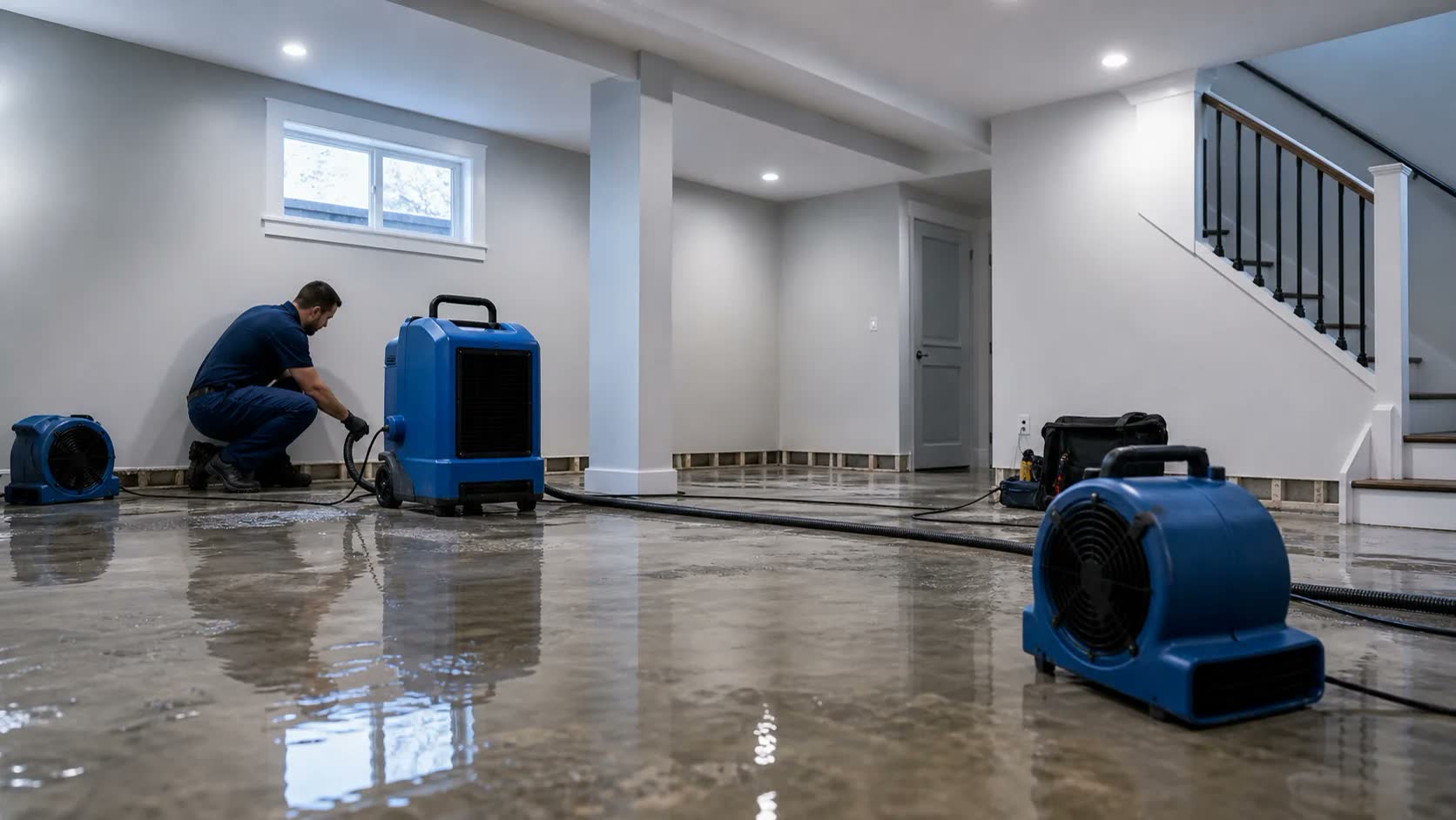 Water removal and drying equipment operating in a basement