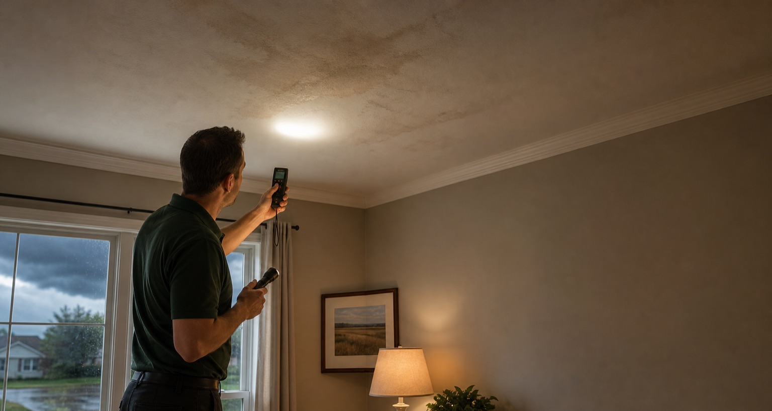 Water damage technician evaluating moisture conditions
